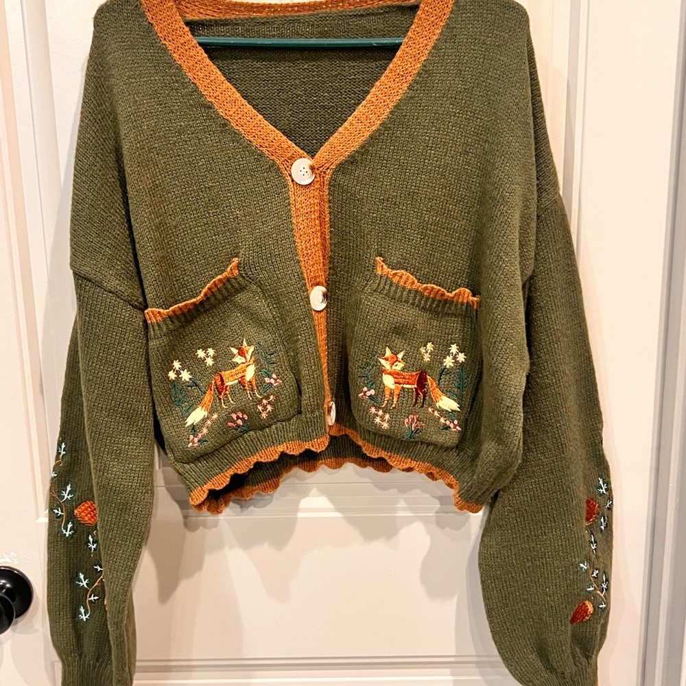 Fox & Flower Olive Green and Orange Women's Sweater Fall